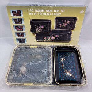 Lacquer Ware 3 Piece Tray Set Black Floral Gold Trim Flower Woolworth Japan 233N